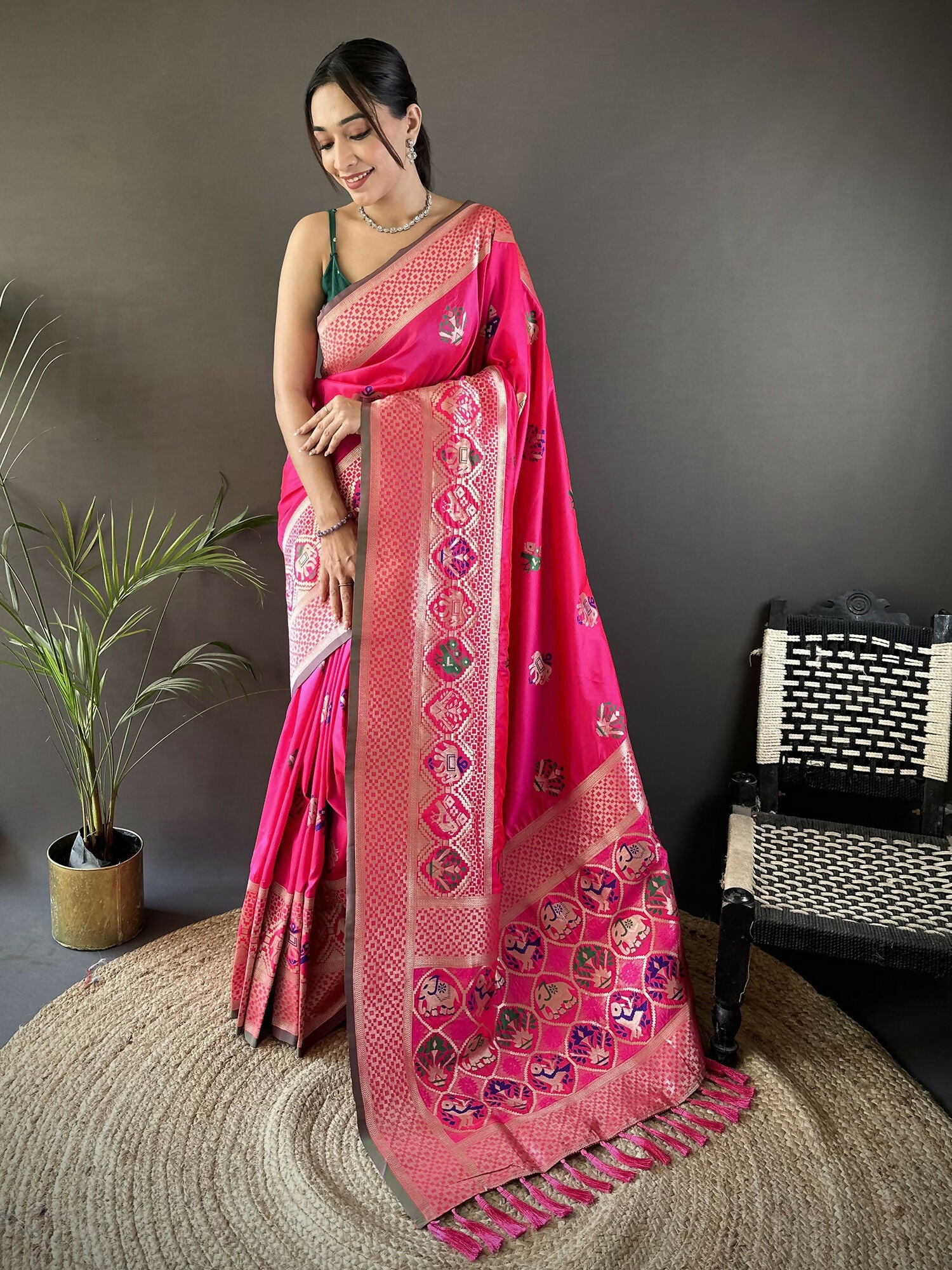 Joban Fashion Rani Pink Elephant & Floral Motifs Soft Lichi Silk Banarasi Saree