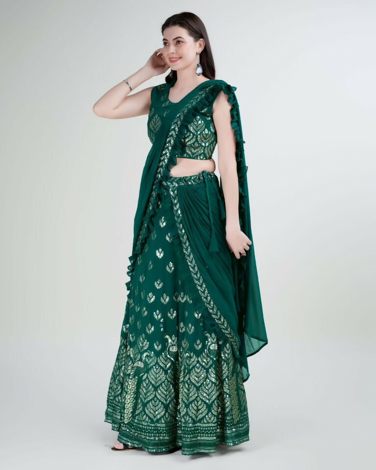 Green Georgette Sequence Embroidered Lehenga Choli with Dupatta - Tanya - Distacart