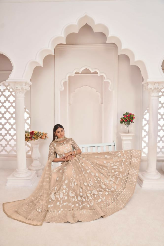 Aastha Fashion Dusty Chiku Butterfly Net White Cotton Thread Work, Zari Work And Sandwich Sequence Work Embroidery Wedding Wear Lehenga Choli - Distacart