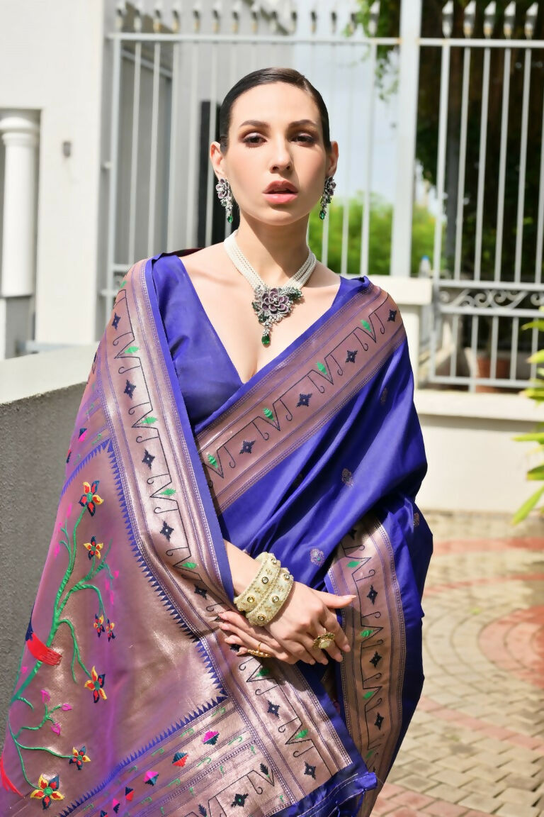 Vishnu Weaves Women's Royal Paithani Silk Zari Woven Saree with Blouse