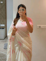 Thumbnail for Prime Volt Women's Cream Floral Digital Print Soft Linen Saree With Lace Border & Blouse - Distacart