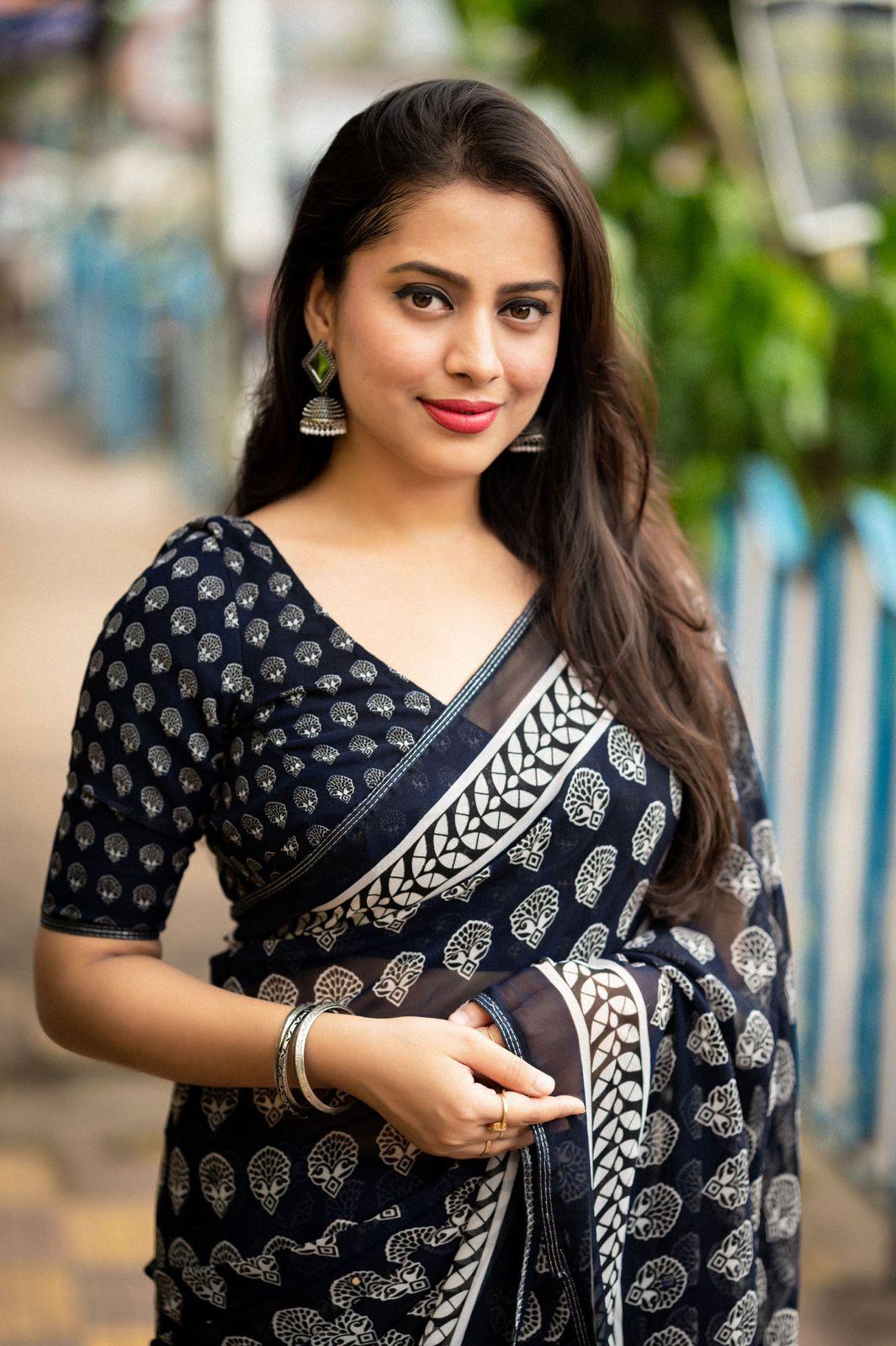 Navy Blue Poly Georgette Ajrak Saree with Unstitched Blouse - Hiral Fashion - Distacart