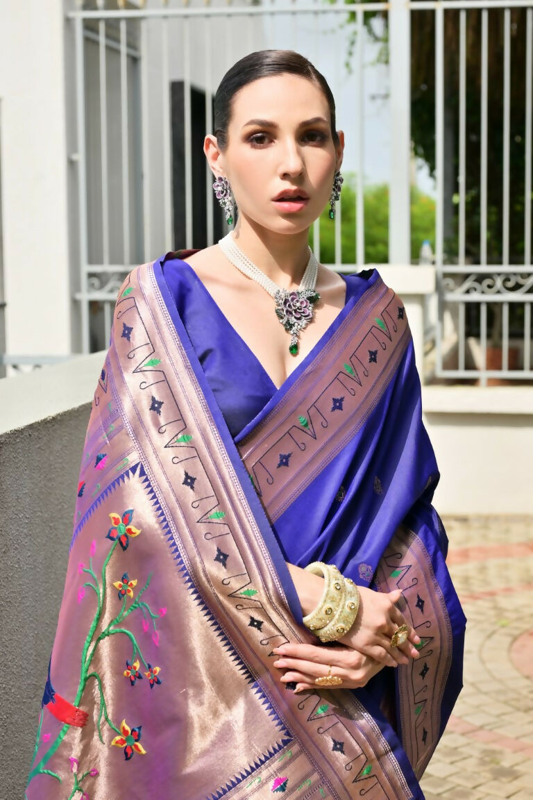 Vishnu Weaves Women's Royal Paithani Silk Zari Woven Saree with Blouse