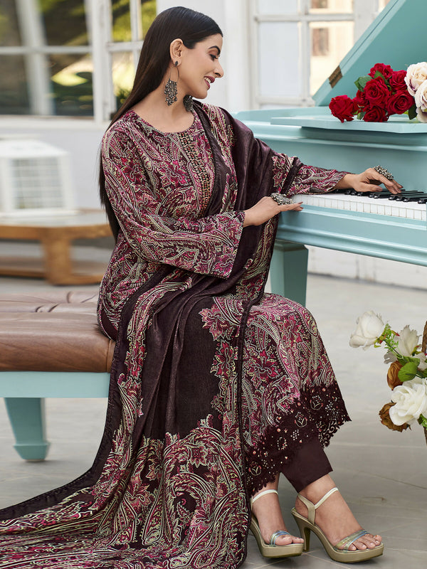 Jyoti Fashion Women's Wine Velvet Digital Print with Resham Thread work Kurta with Trouser & Dupatta - Distacart