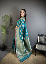 Thumbnail for Joban Fashion Teal Ethnic Floral Motifs Soft Lichi Silk Banarasi Saree - Distacart