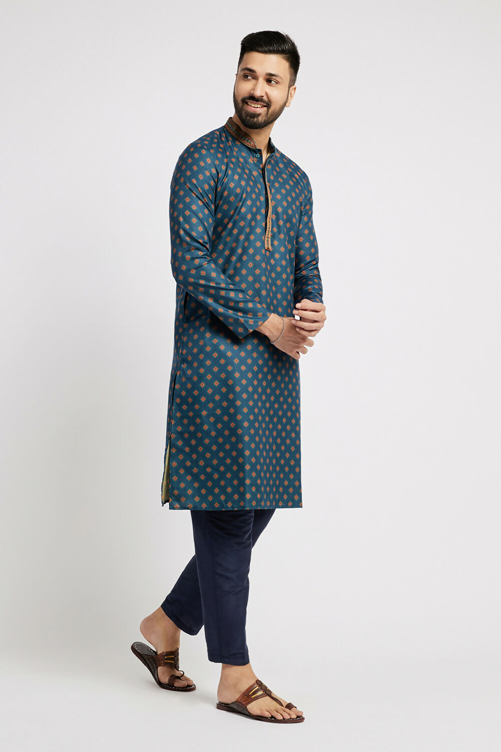 Ethnic India Blue Men's Kurta Ethnic Motifs Polyester - Distacart