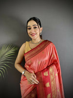 Thumbnail for Joban Fashion Peach Banarasi Soft Silk Woven Butti Saree - Distacart