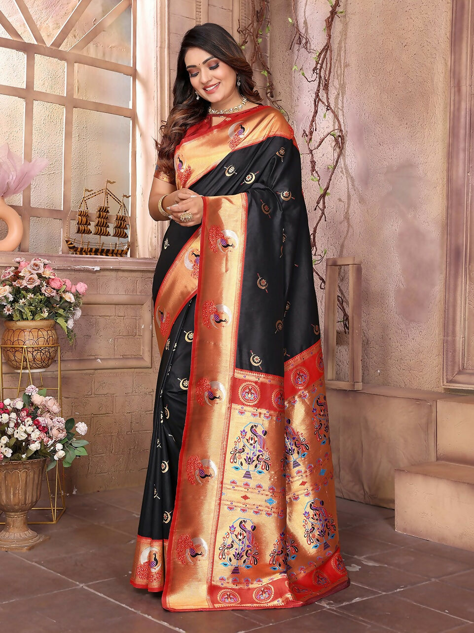 Joban Fashion Paithani Black Woven Soft Silk Saree