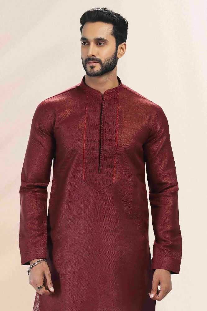 Raivat Ethnic Linen Cotton Pintux Work Kurta Pajama In Maroon Colour - Dista