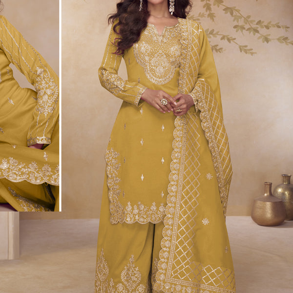 Vegaa Fashion Yellow Simar Silk Embroidered Party Wear Palazzo Suit