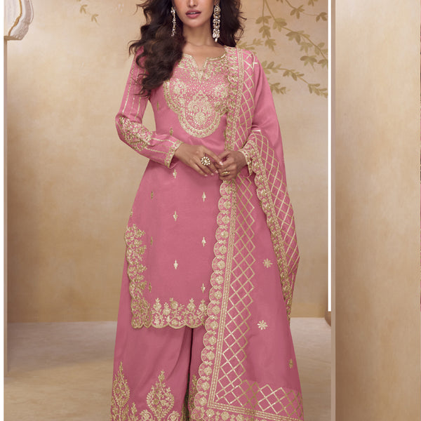 Vegaa Fashion Pink Simar Silk Embroidered Party Wear Palazzo Suit