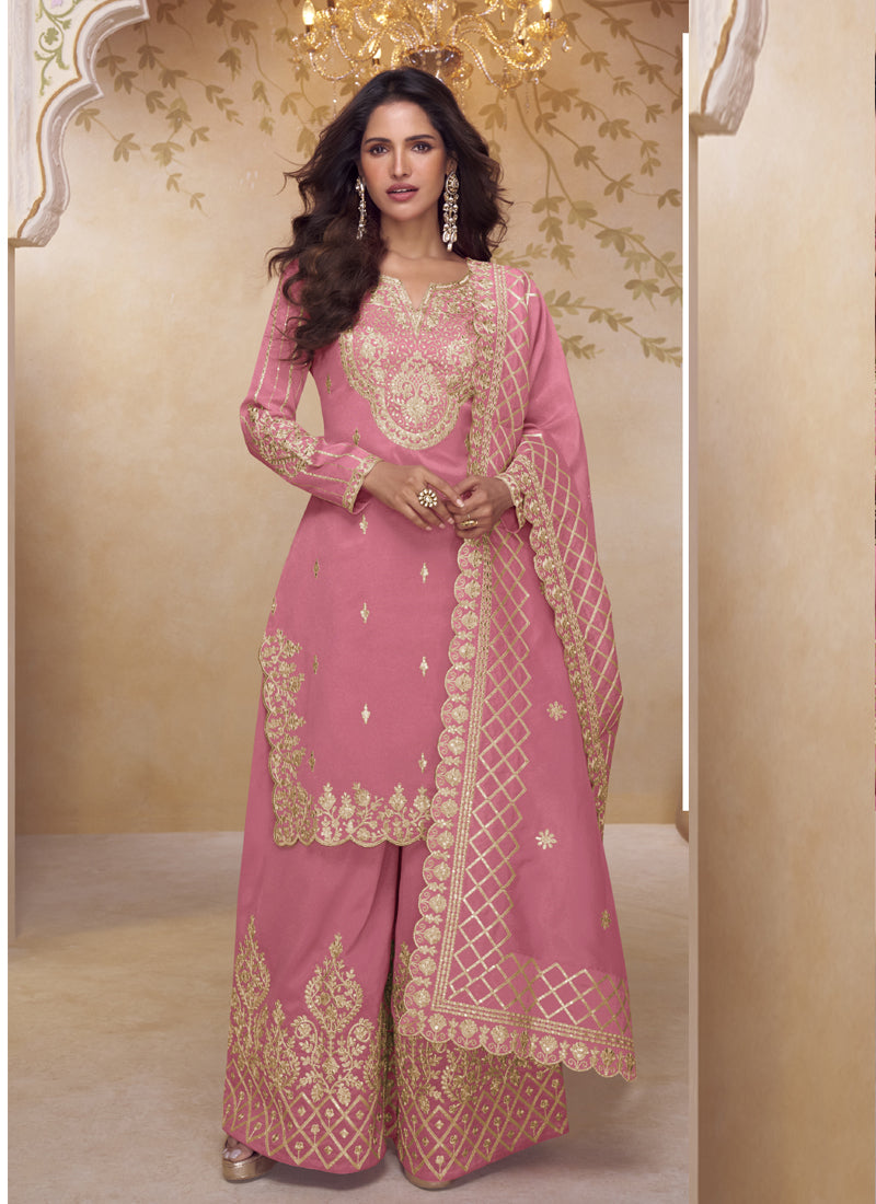 Vegaa Fashion Pink Simar Silk Embroidered Party Wear Palazzo Suit