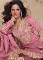 Thumbnail for Vegaa Fashion Pink Simar Silk Embroidered Party Wear Palazzo Suit