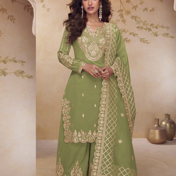 Vegaa Fashion Green Simar Silk Embroidered Party Wear Palazzo Suit