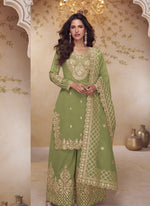 Thumbnail for Vegaa Fashion Green Simar Silk Embroidered Party Wear Palazzo Suit