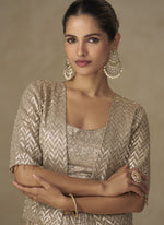 Thumbnail for Vegaa Fashion Beige Georgette Embroidered & Hand Work Jacket Style Co-Ord Set