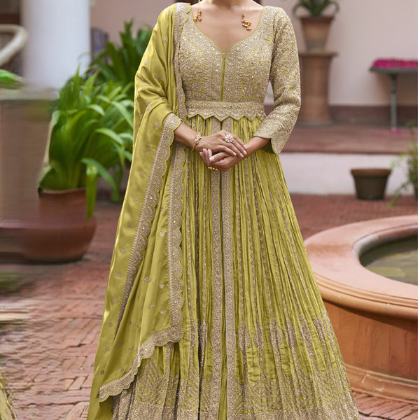 Vegaa Fashion Parrot Green Chinon Silk Embroidered & Hand Work Lehenga Style Suit