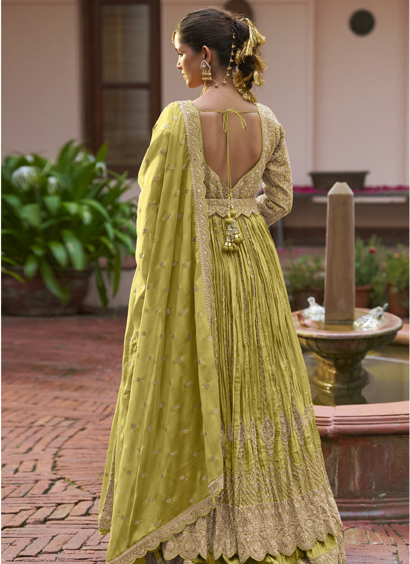 Vegaa Fashion Parrot Green Chinon Silk Embroidered & Hand Work Lehenga Style Suit - Distacart