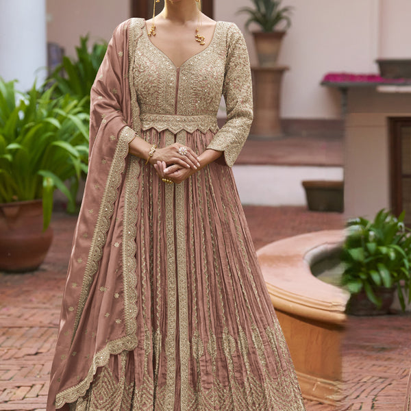 Vegaa Fashion Peach Chinon Silk Embroidered & Hand Work Lehenga Style Suit