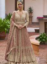 Thumbnail for Vegaa Fashion Peach Chinon Silk Embroidered & Hand Work Lehenga Style Suit
