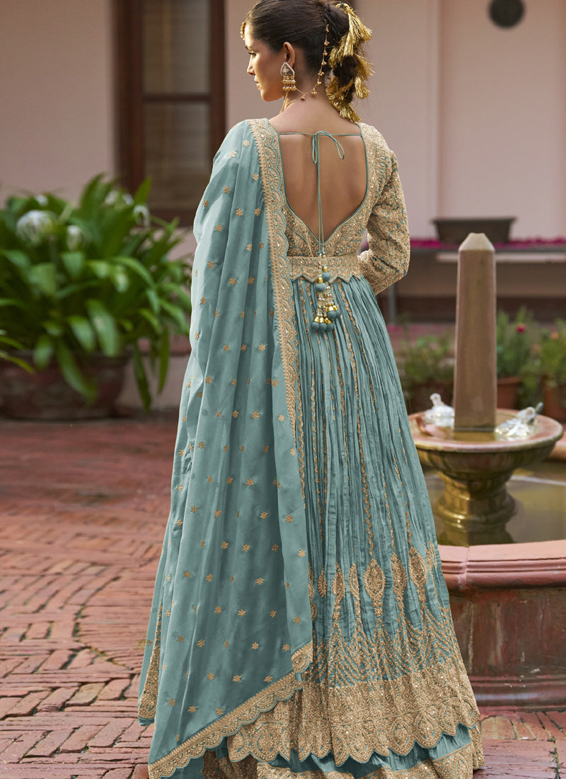 Vegaa Fashion Sky Blue Chinon Silk Embroidered & Hand Work Lehenga Style Suit - Distacart