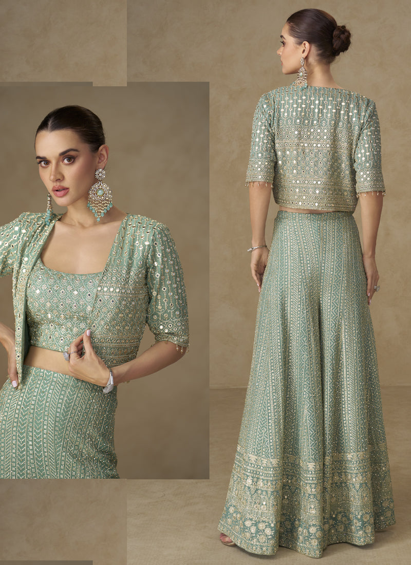 Vegaa Fashion Mint Green Georgette Embroidered & Hand Work Jacket Style Co-Ord Set - Distacart