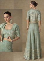 Thumbnail for Vegaa Fashion Mint Green Georgette Embroidered & Hand Work Jacket Style Co-Ord Set