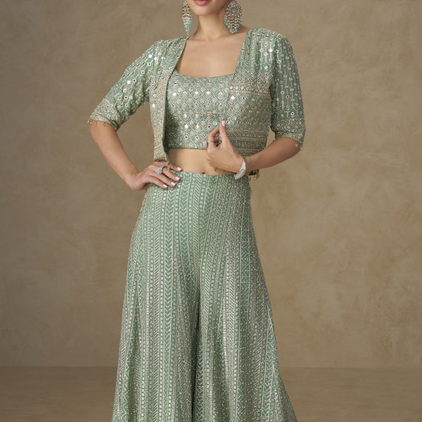 Vegaa Fashion Mint Green Georgette Embroidered & Hand Work Jacket Style Co-Ord Set