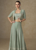 Thumbnail for Vegaa Fashion Mint Green Georgette Embroidered & Hand Work Jacket Style Co-Ord Set