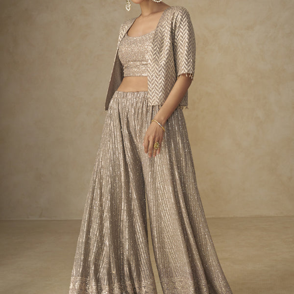 Vegaa Fashion Beige Georgette Embroidered & Hand Work Jacket Style Co-Ord Set