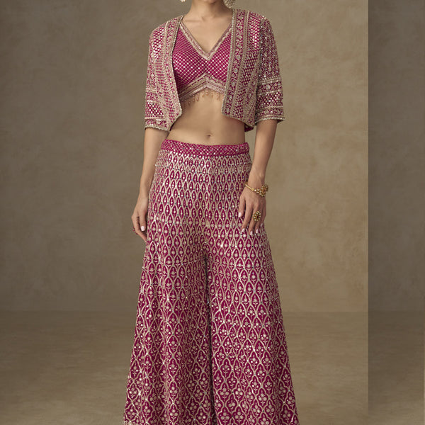 Vegaa Fashion Pink Georgette Embroidered & Hand Work Jacket Style Co-Ord Set