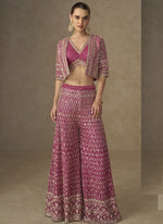 Thumbnail for Vegaa Fashion Pink Georgette Embroidered & Hand Work Jacket Style Co-Ord Set