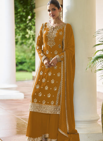 Vegaa Fashion Yellow Chinon Embroidered Designer Sharara Suit Stiched - Dista