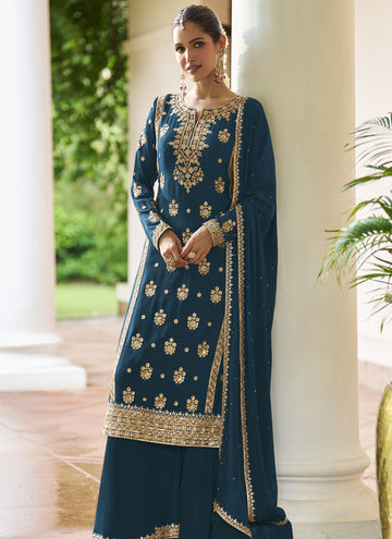 Vegaa Fashion Teal Chinon Embroidered Designer Sharara Suit Stiched - Dista