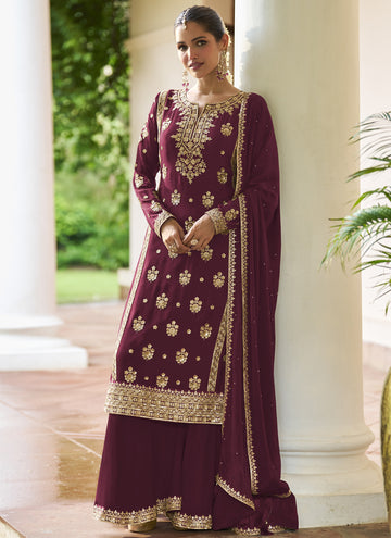 Vegaa Fashion Maroon Chinon Embroidered Designer Sharara Suit Stiched - Dista