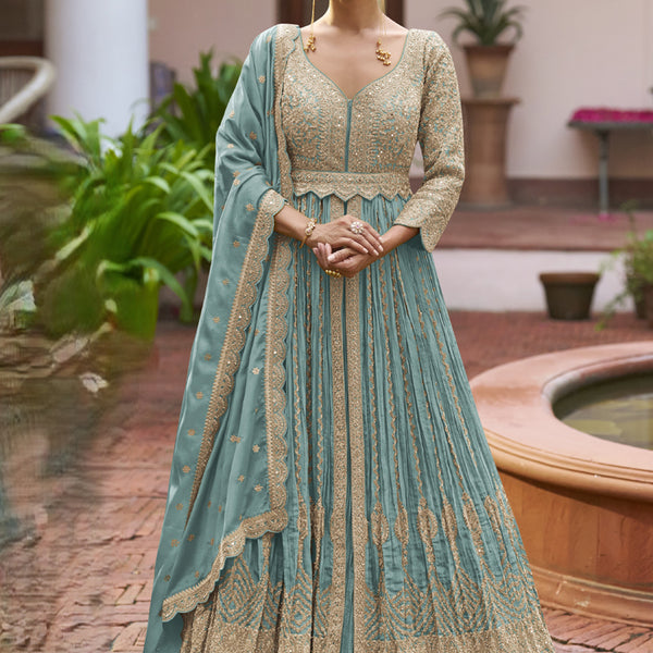 Vegaa Fashion Sky Blue Chinon Silk Embroidered & Hand Work Lehenga Style Suit