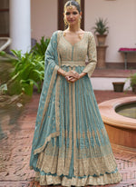 Thumbnail for Vegaa Fashion Sky Blue Chinon Silk Embroidered & Hand Work Lehenga Style Suit