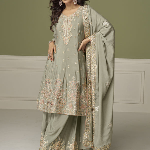 Vegaa Fashion Light Grey Chinon Silk Embroidered Sharara Suit