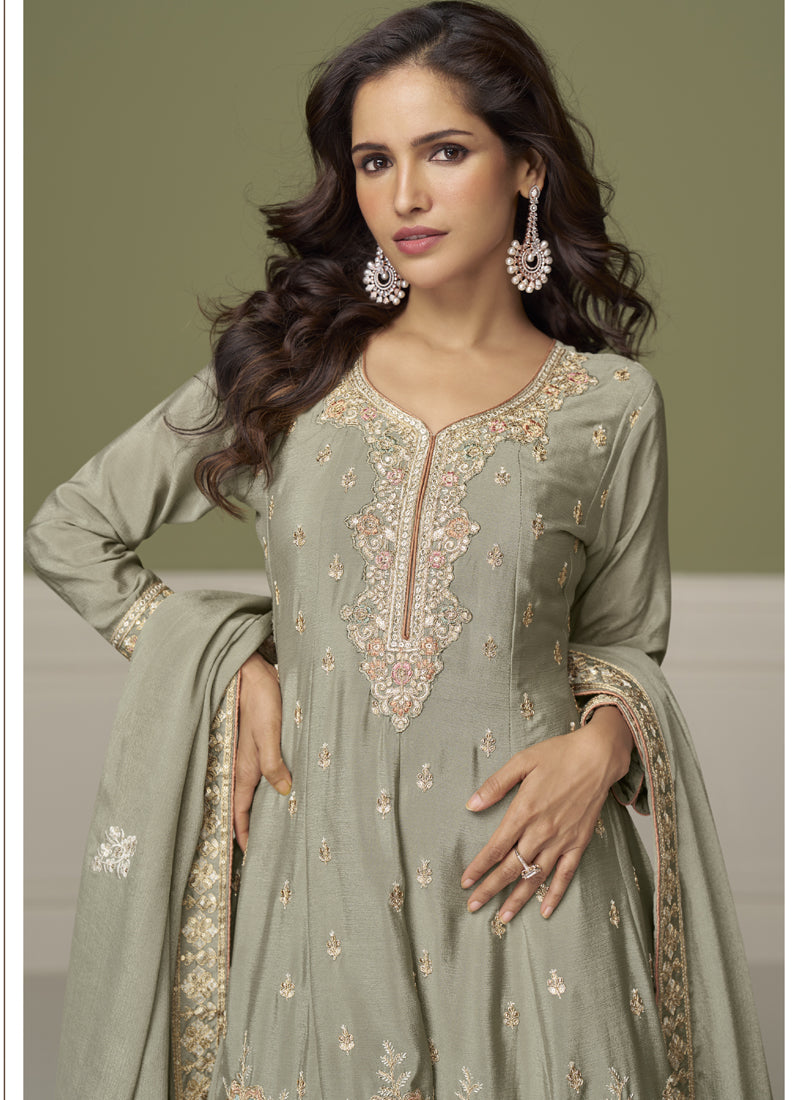 Vegaa Fashion Light Grey Chinon Silk Embroidered Sharara Suit