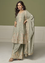Thumbnail for Vegaa Fashion Light Grey Chinon Silk Embroidered Sharara Suit