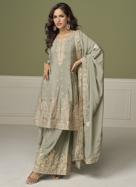 Vegaa Fashion Light Grey Chinon Silk Embroidered Sharara Suit