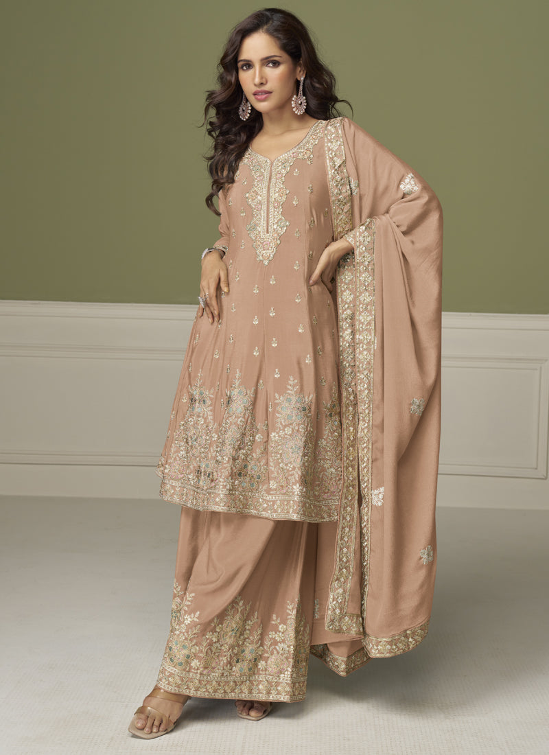 Vegaa Fashion Light Peach Chinon Silk Embroidered Sharara Suit