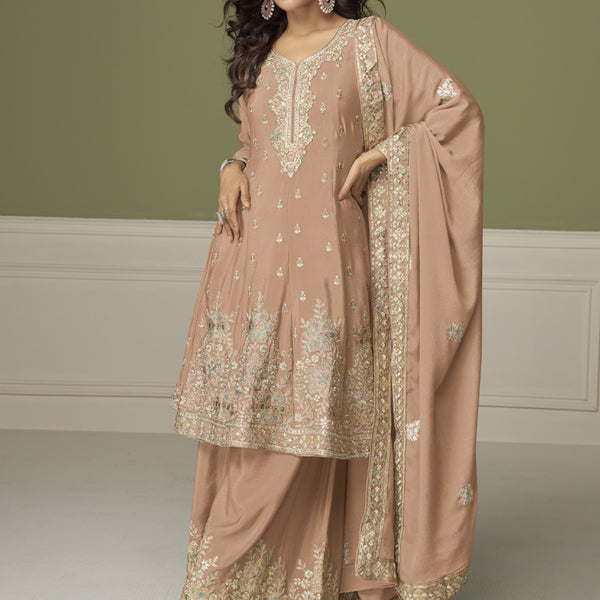 Vegaa Fashion Light Peach Chinon Silk Embroidered Sharara Suit