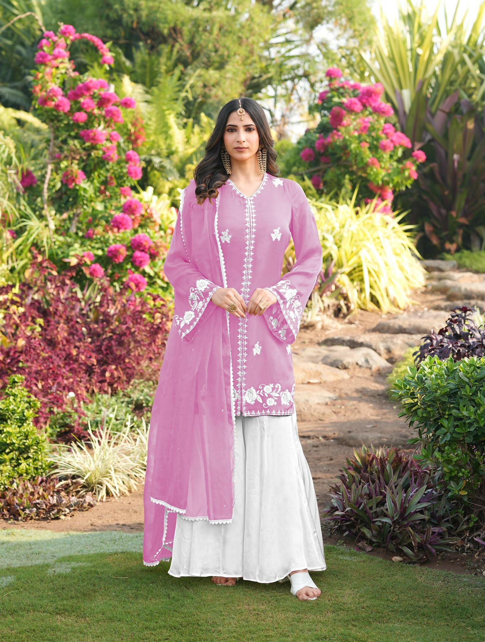 Nikhaar Light Pink Embroidered Modal Silk Stitched Straight Cut Kurta Kalidar Palazzo Dupatta Readymade Suit - Dista