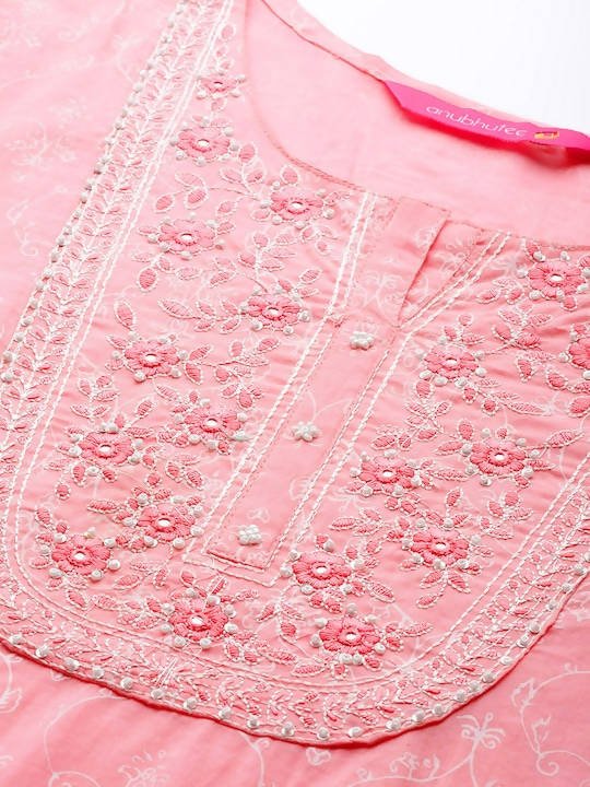 Anubhutee Pink Floral Yoke Design Thread Work Pure Cotton Kurta with Trousers & With Dupatta - Distacart