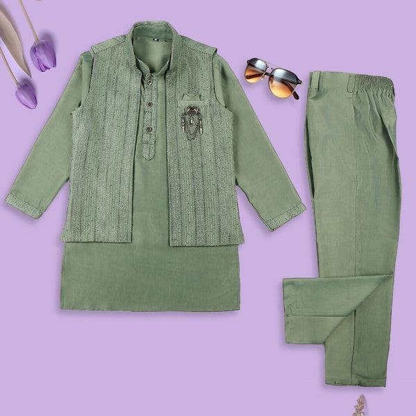 Joban Fashion Kids Island Embroidery Sequence Full Sleeves Kurta, Pyjama Set with Nehru Jacket - Green - Distacart