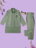 Thumbnail for Joban Fashion Kids Island Embroidery Sequence Full Sleeves Kurta, Pyjama Set with Nehru Jacket - Green - Distacart