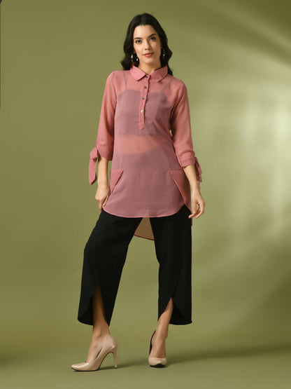 Myshka Women's Pink Solid Georgette Longline Party Sheer Tunic - Distacart