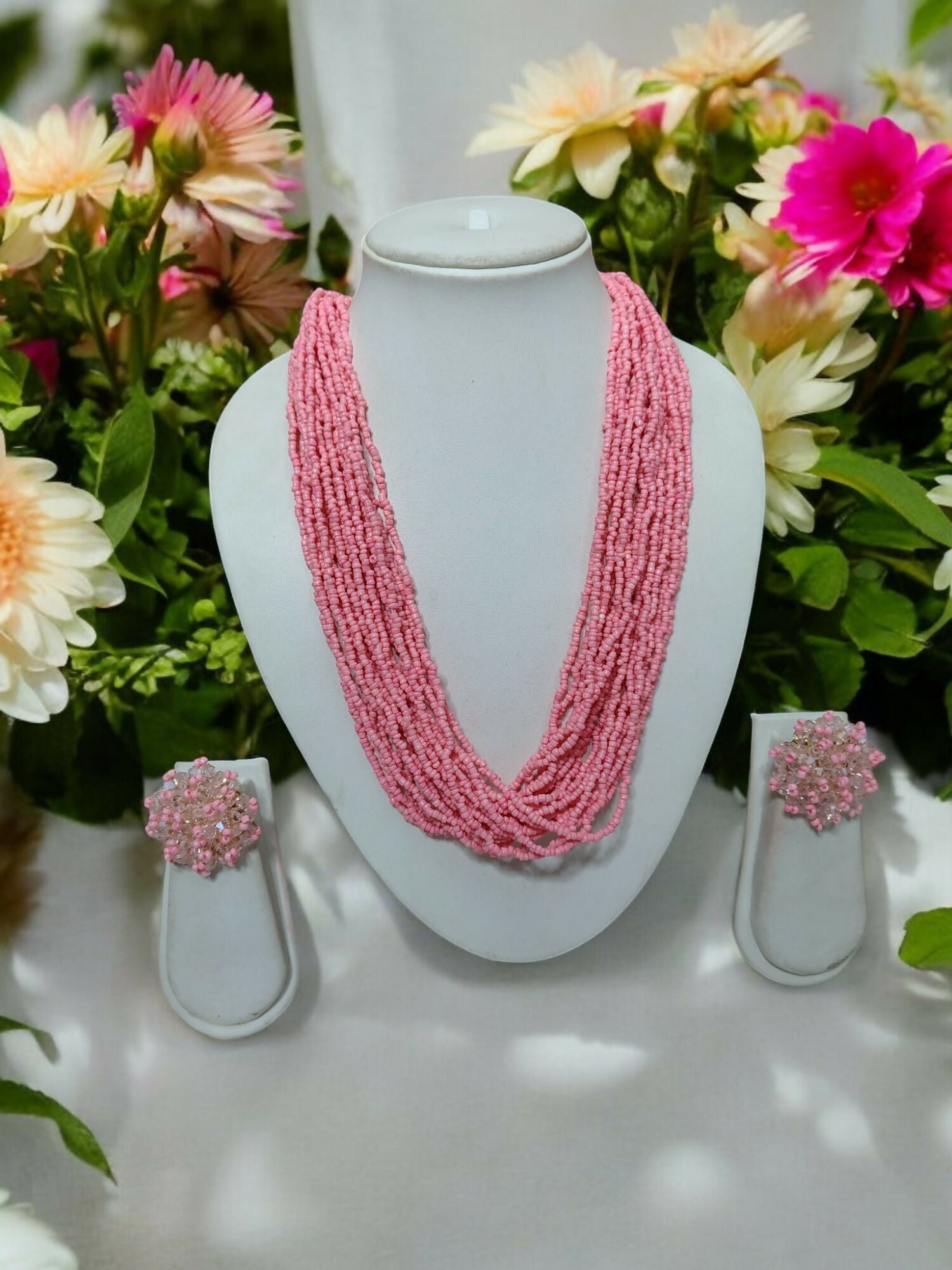 Inhanns Vibrant Handmade 20 Layers Beaded Necklace With Matching Earrings - Light Pink - Distacart