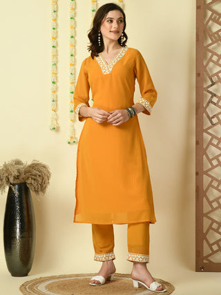 Myshka Women's Mustard Georgette Kurta With Trousers Party Sets - Distacart